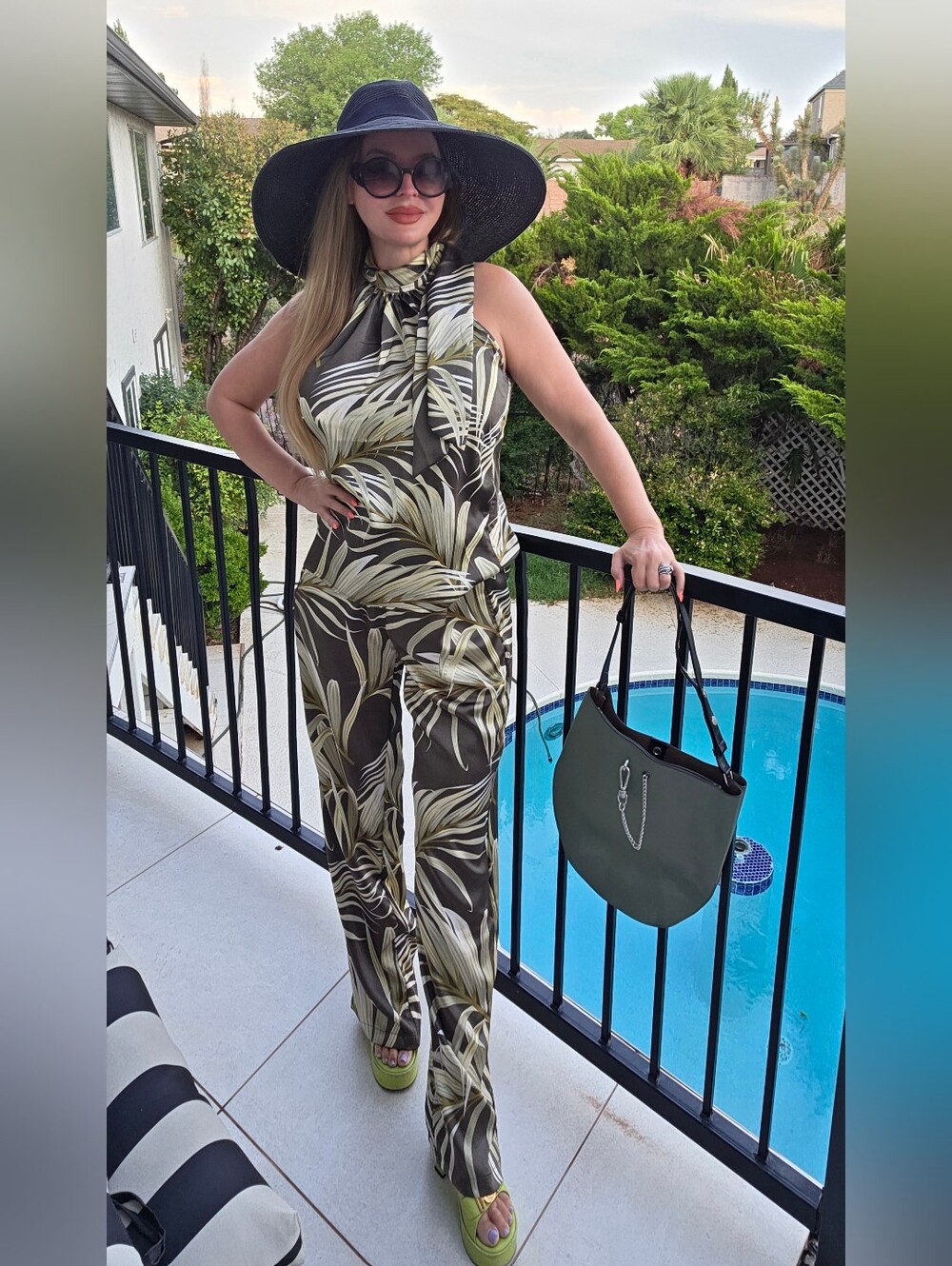 Rachel Zoe Olive & Cream Palm-Print Wide-Leg Jumpsuit